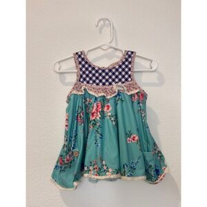 Cheeky Plum Girls Floral Gingham Tunic Top Teal Purple Lace Trim 12-18M